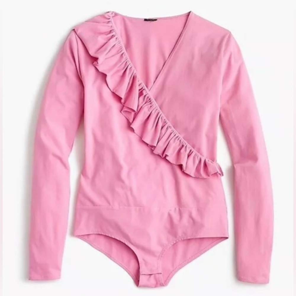 NWT J. Crew Deep Blossom Pink Ruffle Front Wrap Bodysuit Size Small